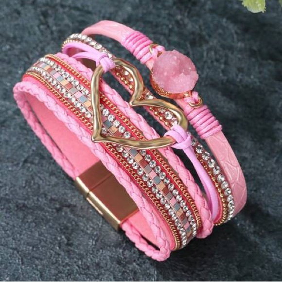 Pink Rhinestone Druzy and. Heart Faux Leather Fashion Bracelet BR02 - Picture 2 of 3